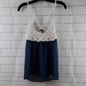 Hollister Sheer Navy and White Dot Crochet Shirt